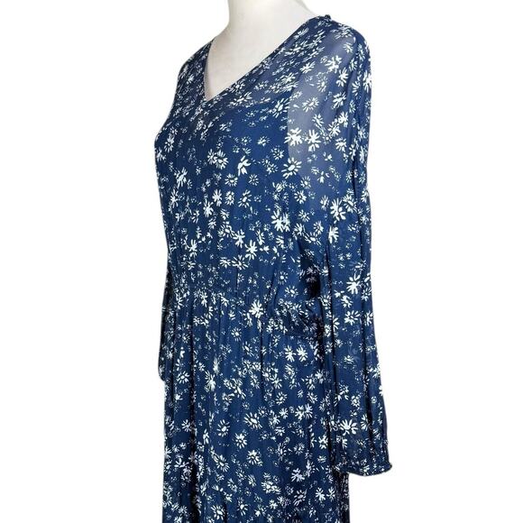 Free People Navy White Floral Long Sleeve Back Tie Blouson Bohemian Midi Dress - Picture 9 of 16